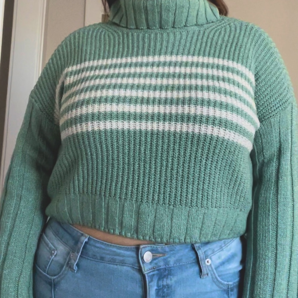 Cropped mint striped turtleneck